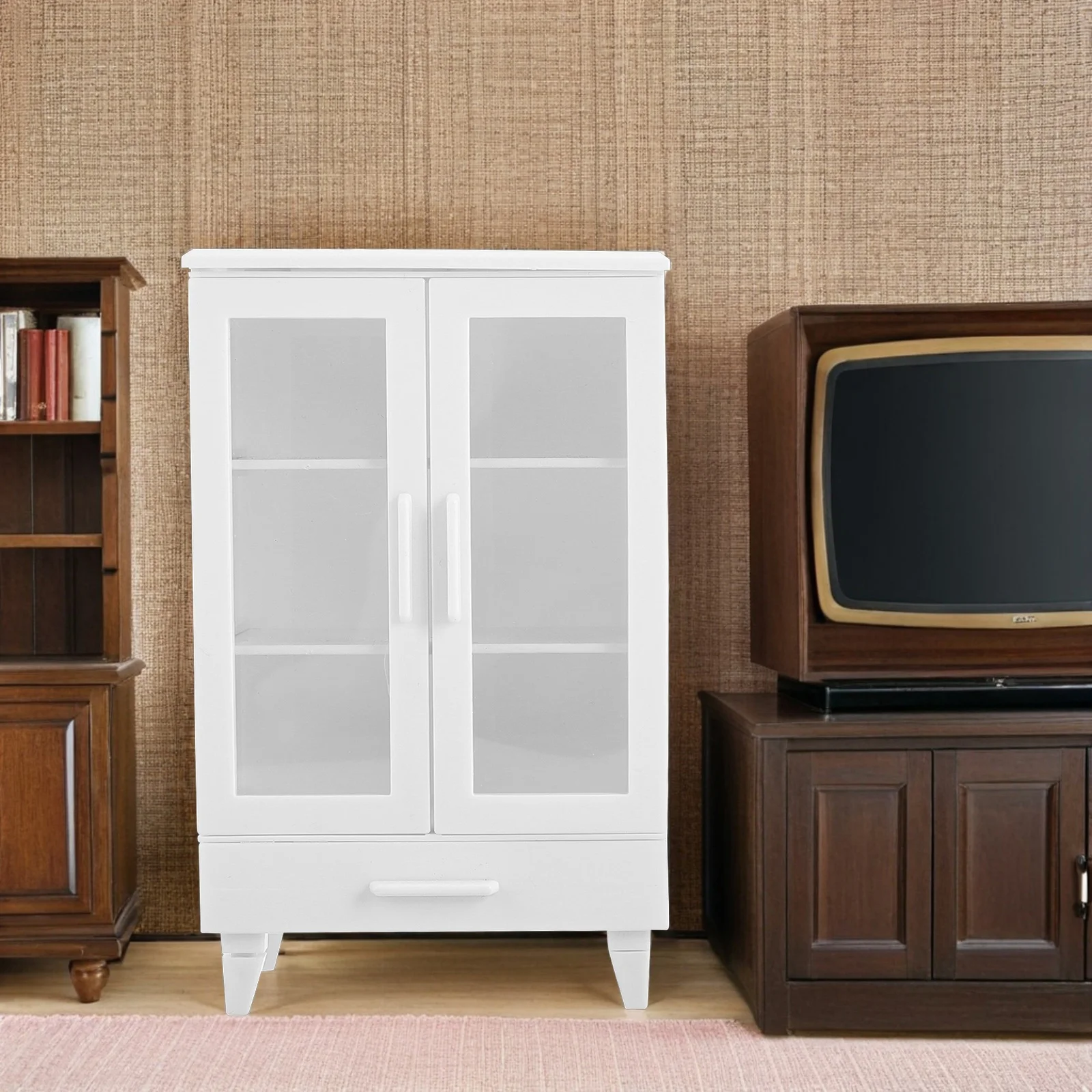 2 ชิ้นตุ๊กตาตู้ที่สมจริงโมเดิร์นพลาสติกสีขาวมินิเฟอร์นิเจอร์ Retro Decor Storage ขนาดกะทัดรัดมัลติฟังก์ชั่น