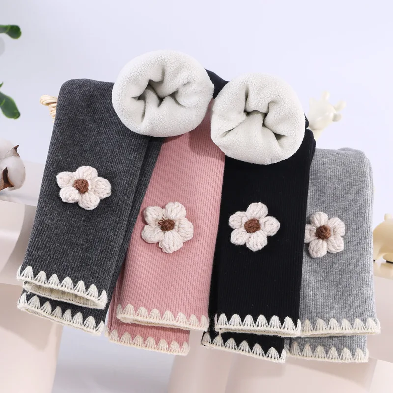 Girls padded cartoon bottoms outside wear one-piece fleece girls autumn  winter flowers children elastic Slim Peplum trousers