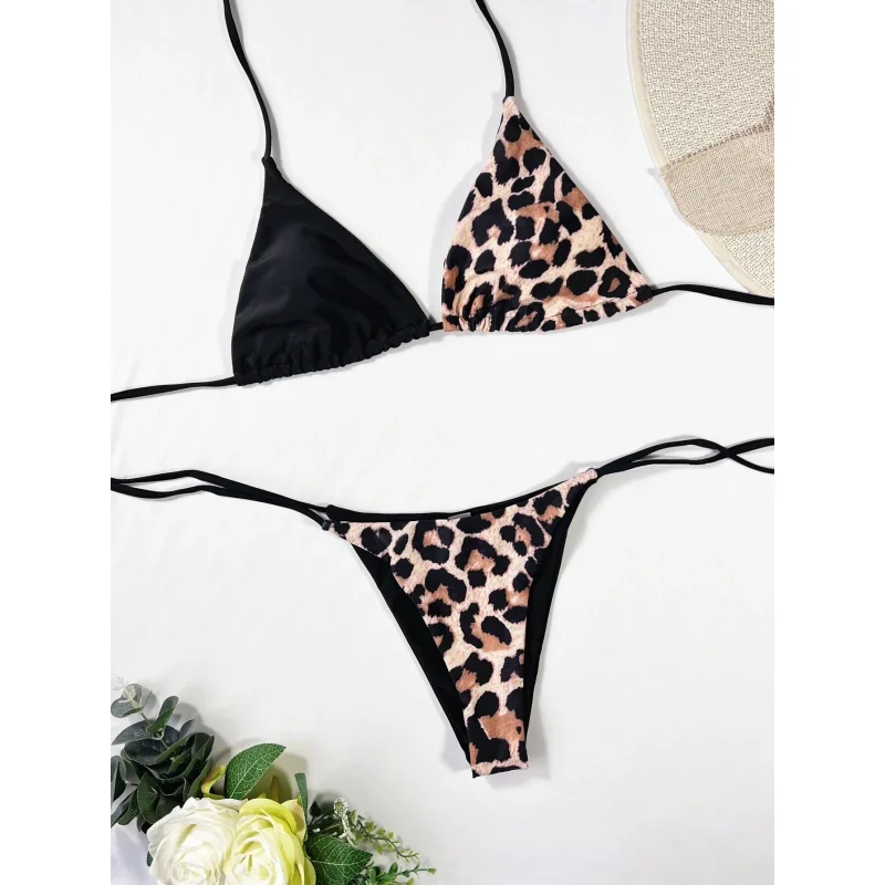 New Style Two-Piece Women's Swimsuit Leopard Print Sexy Backless Strap Bikini Triangle Coverbikini