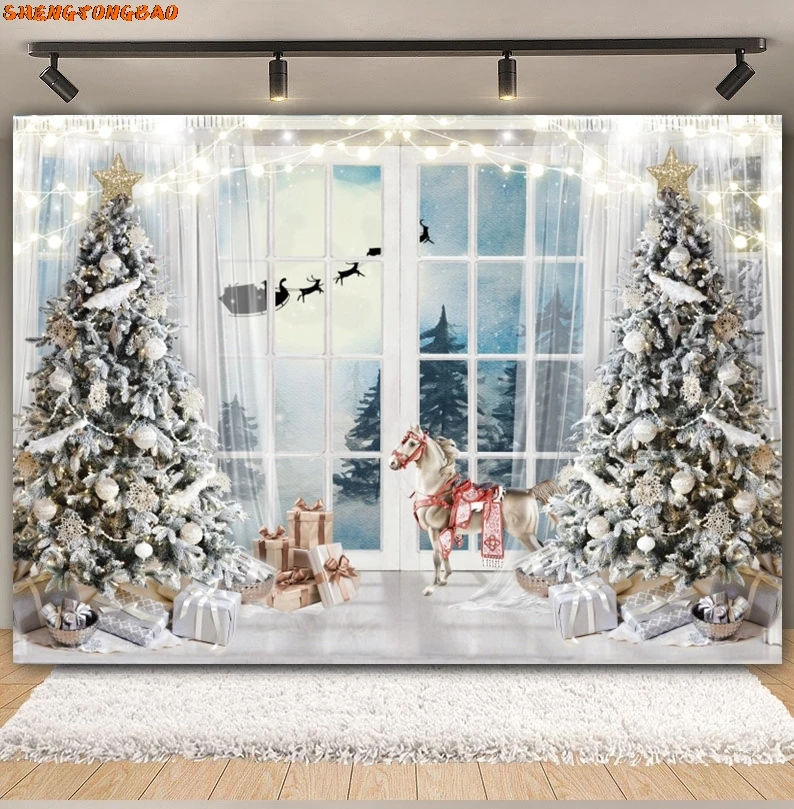 Toile de fond de photographie de fenêtre de Noël, décor de fond de famille adulte, accessoire de studio photo, arbre de Noël, cheminée, père Noël, fête de bébé