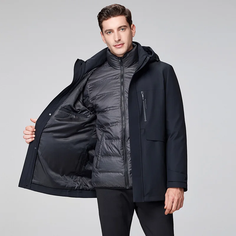 

Хорошее качество, 90% пальто на гусином пуху, 2025 г., зимняя мужская съемная куртка-пуховик 2 в 1, мужское теплое пальто на молнии с капюшоном