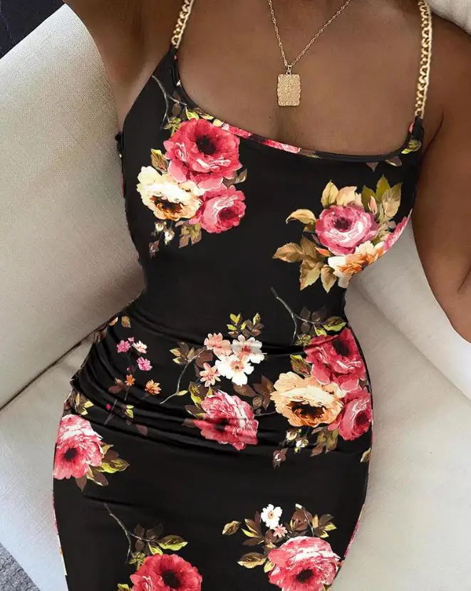 Fashion Chain Decoration Women's Miniskirt 2023 Summer New Flower Print Party Elegant Y2K Tight Cut Strapless Sexy Tight Dress