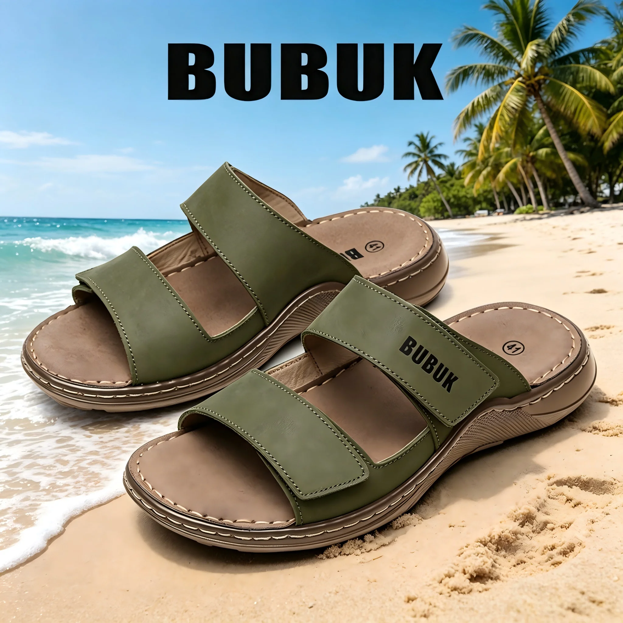 Bubuk Summer Men's First-Layer Cowhide Slip-On Sandals, Open-Toe Sandals, Outdoor Commuting Beach Non-Slip Pu Thick-Soled Casual Slippers