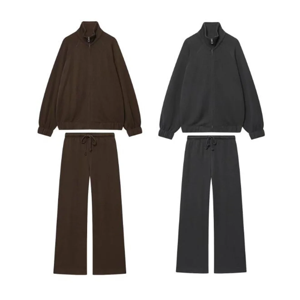 

Новая женская модная и простая толстовка с капюшоном и украшением на молнии, повседневные прямые брюки с высокой талией