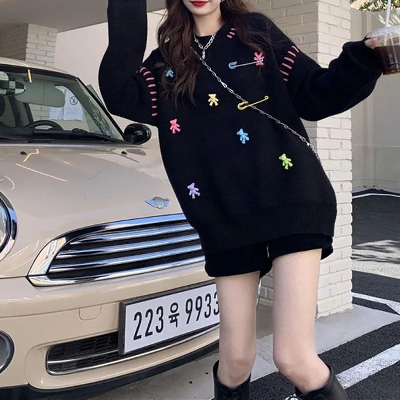 2023 New Autumn and Winter Playful Age Reducing Lazy Round Neck Three-dimensional Decoration Loose Oversized Knit Sweater