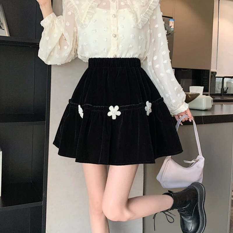 

DEEPTOWN Black Velvet Skirt Women Korean Streetwear Elastic Waist 3d Flower Elegant and Chic Velour Mini Skirt Autumn Winter