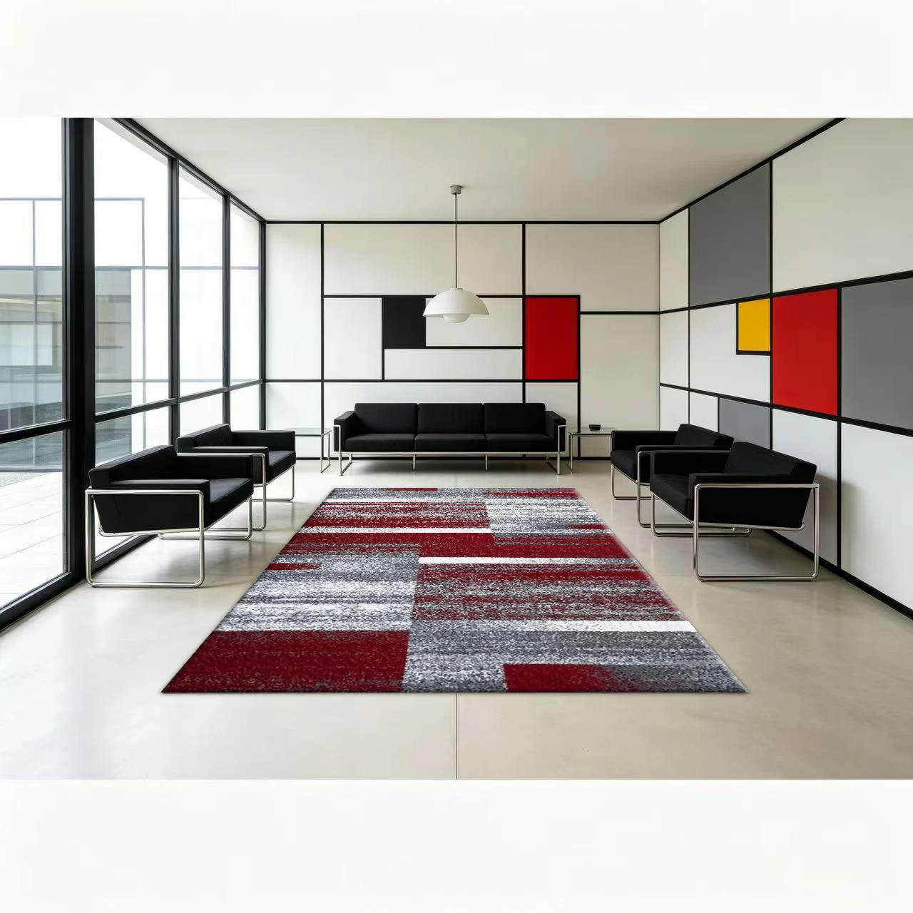 Red Grey Abstract Vertical Stripe Carpet Flooring, Modern Distressed Non-Slip Area Rug for Living Room Entryway Home Interior