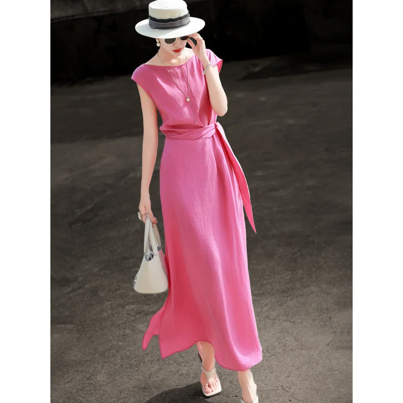 

MEXCOCO 2026 New Summer Elegant Boat Neck Cap Sleeve Self Tie Wrap Waist Side Slit Flowy Maxi Satin Dress