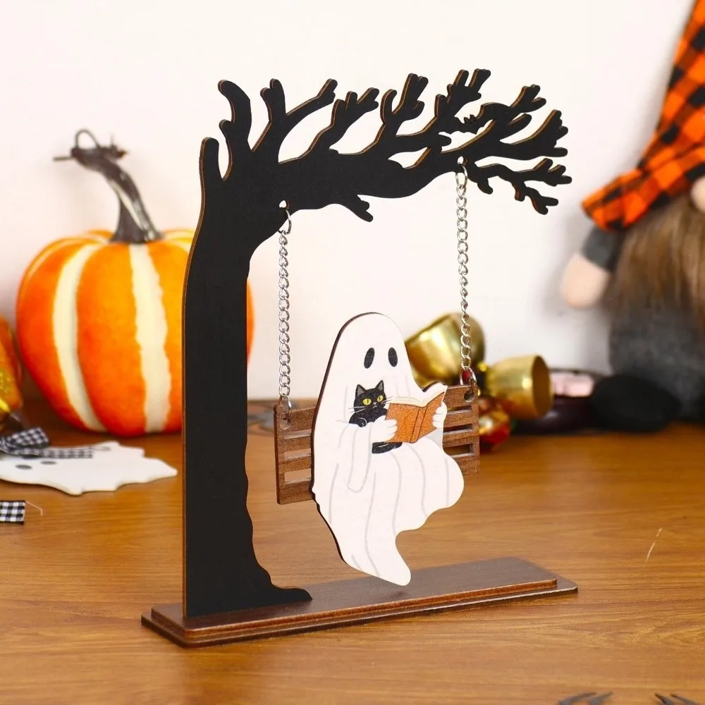 Laser-cut Ghost Swing Ornament Multilayered Eco-friendly Cat Reading Figurine Freestanding Rustic Wooden Halloween Crafts