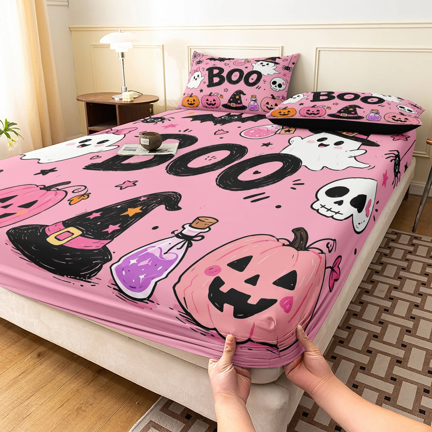  3Pcs Pink Boo Halloween Print Fitted Sheet Set, Cute Ghost Hat Pumpkin Bat Magic Potion Cartoon Pattern Bedding
