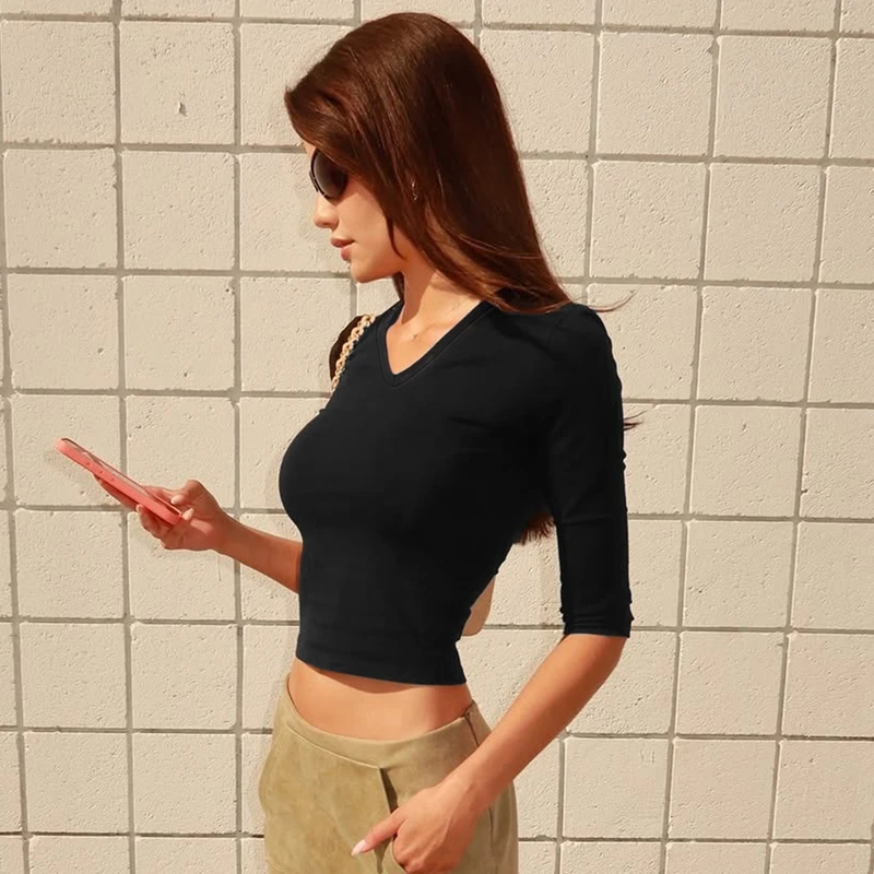 Hugcitar Damenmode V-Ausschnitt Einfarbiges Langarm Sexy Slim Crop T-Shirt Top Herbst Casual Outfit Streetwear Party T-Shirts – Detail 23