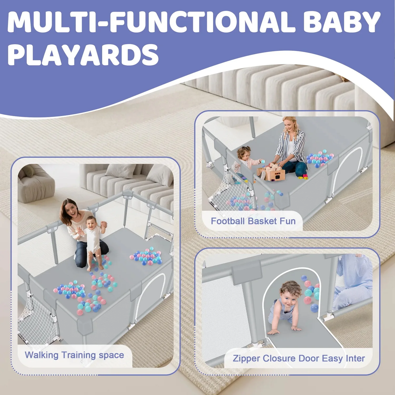 ANGDUO Детский манеж Светло-серый 71-дюймовый большой детский игровой двор с мягкой дышащей сеткой, защитный игровой забор для младенцев и малышей