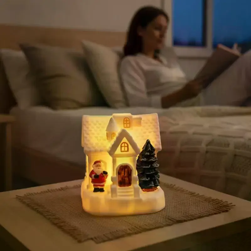 Christmas Village Santa Swing Decoration LED Lighted Figurine Xmas Tree Snow House Tabletop Ornament Gift Decor