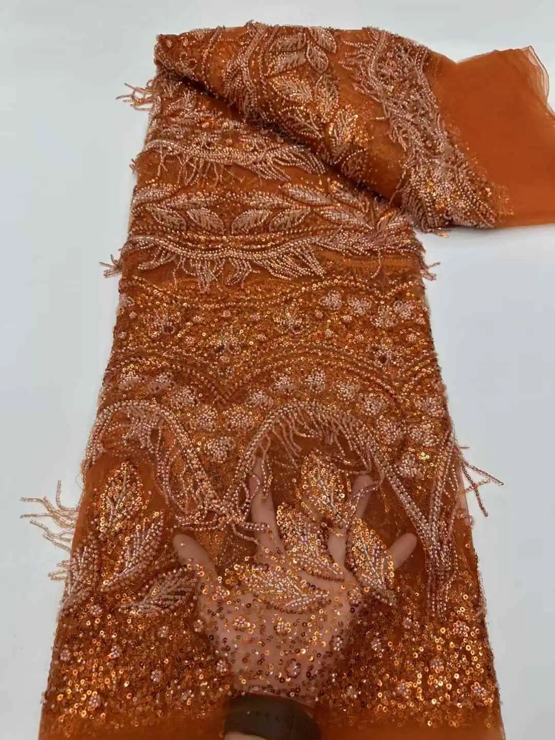 

Luxury African Sequins Lace Fabric 5 Yards Lace Beaded Tulle Lace Fabric Embroidered Nigeria Fabric for Wedding Dress
