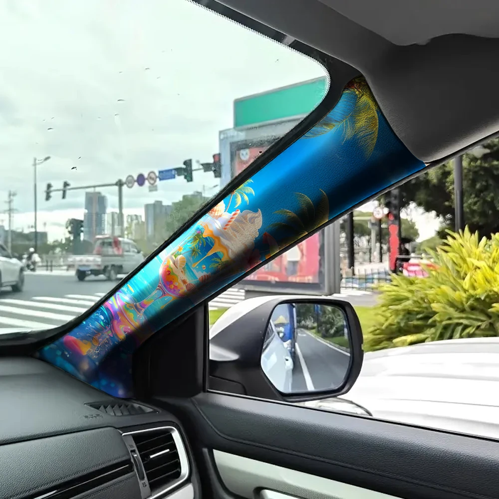 Car Interior A-pillar Sticker 'Beach and Ice Cream' Pattern Fabric Material with Adhesive Backing, Suitable for All Car Models