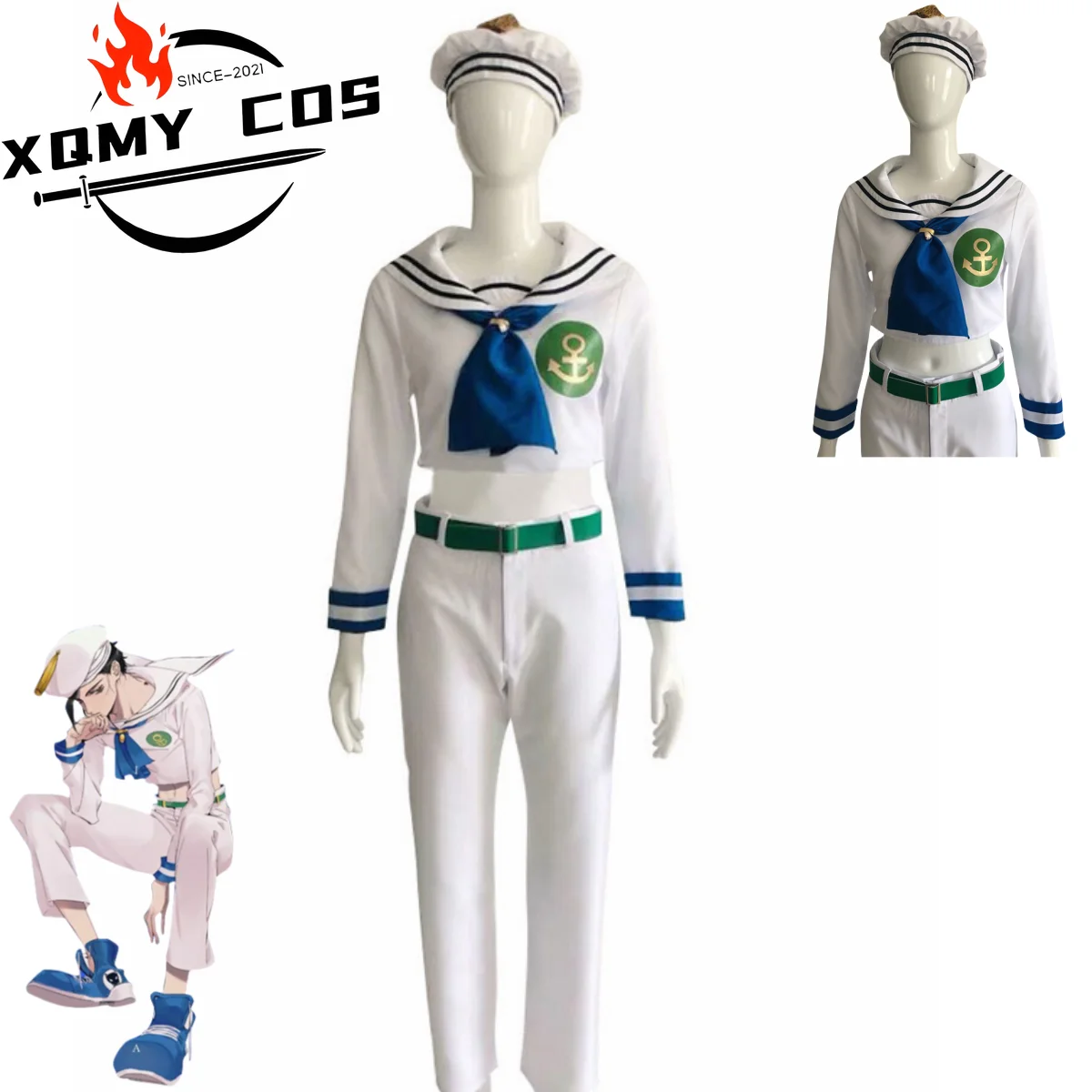 XqAnime JoJo's Bizarre Adventure JoJoLion Higashikata Josuke disfraz de Cosplay traje de marinero camisa blanca pantalones sombrero hombre mujer Hallowe