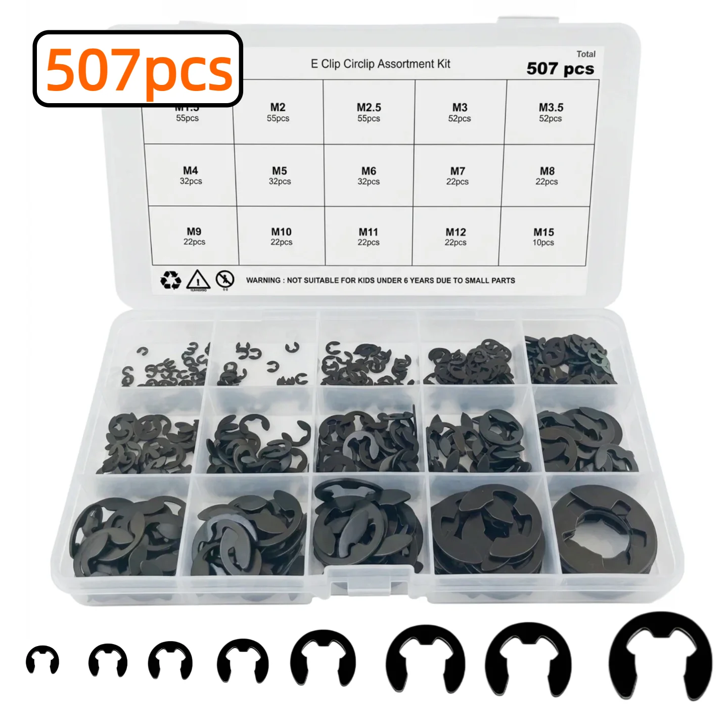 381/507-teiliges M1.5-M15 E-Clip-Set aus schwarzer Legierung, Sortiment für externe Sicherungsringe, metrische Sicherungsringe für Wellenlager und Hardware – Detail 2