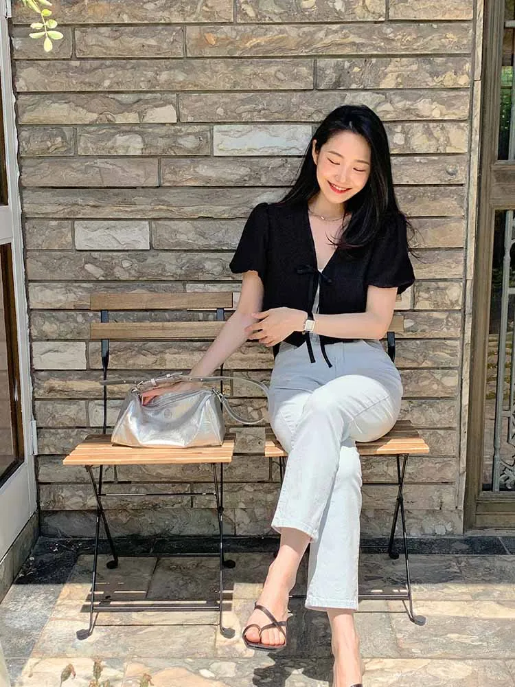 Top da donna Small Fraance Sle Tweed Jaet ort Design Bubble Sve V-Ne ort Sve per donne piccole