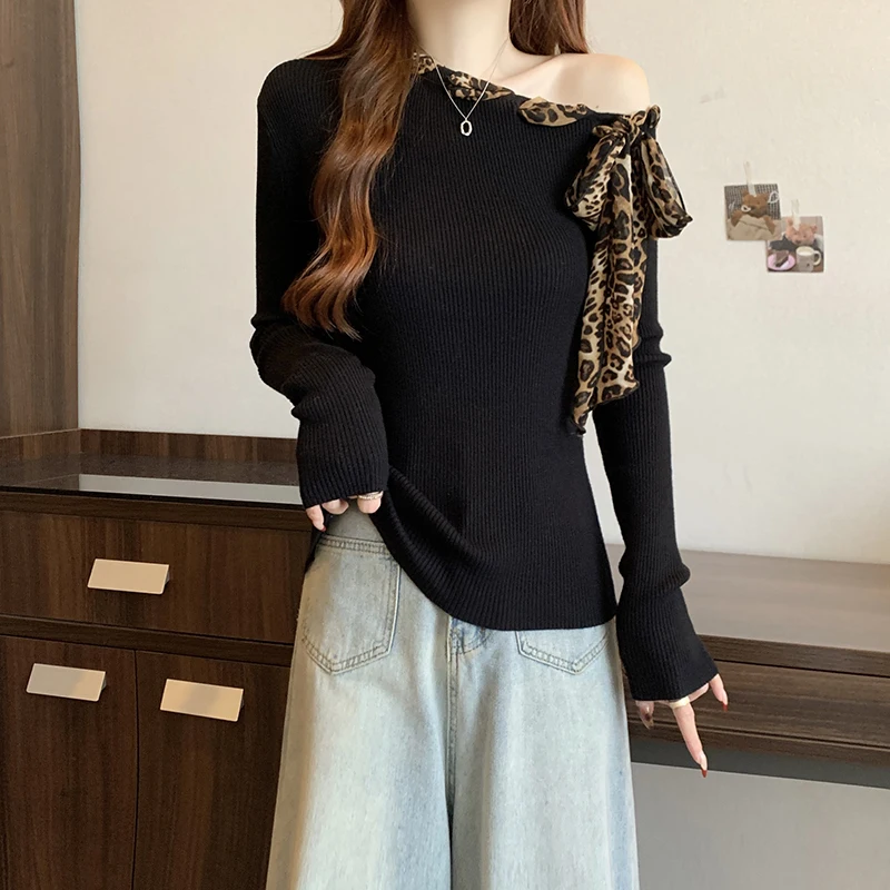 Style AU Big-size Sa-Neck Leopard Ribbon Long-sleeved Knit T-shirt for Women KN2044