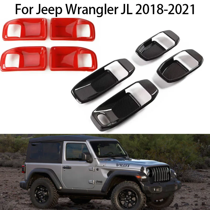 

For Jeep Wrangler JL 2018-2021 Car Inside Door Handles Bowl Covers Overlays Protection Catch Cap Carbon/Red Style