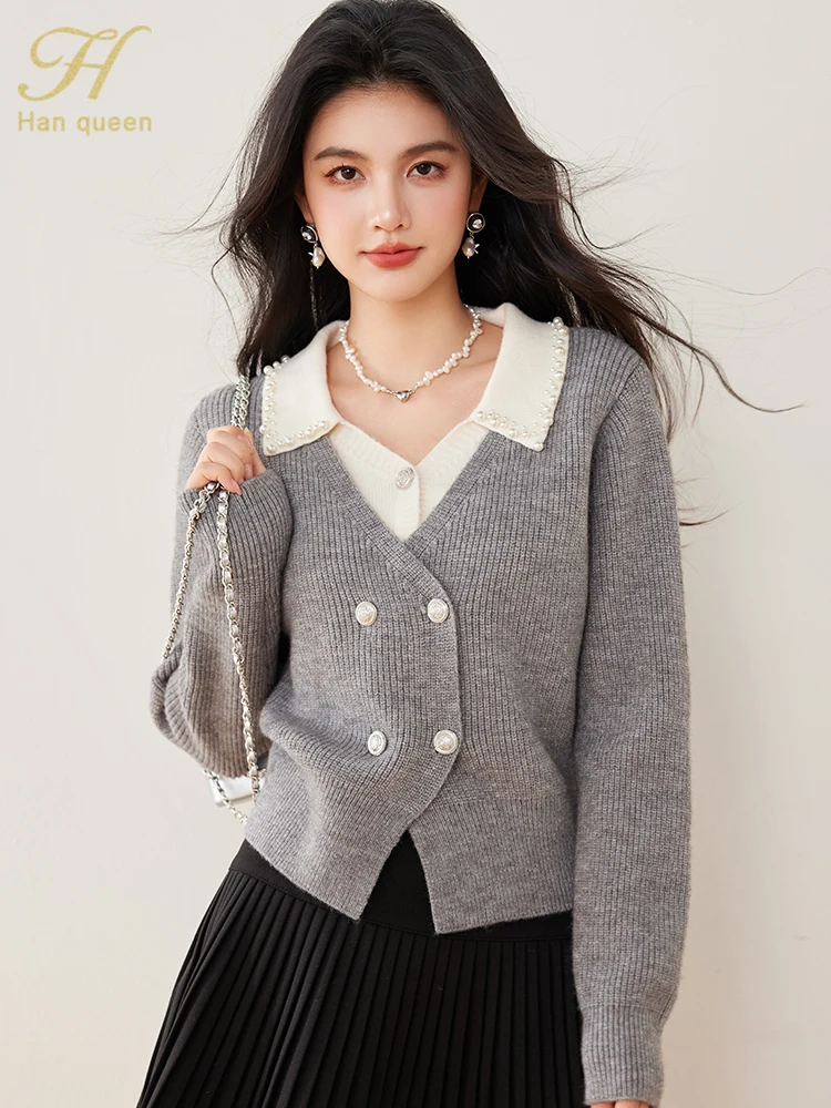 

H Han Queen Autumn Double-Breasted Cardigans Sweaters Womens Soft Elastic Fashion Color Blocking Knitwear