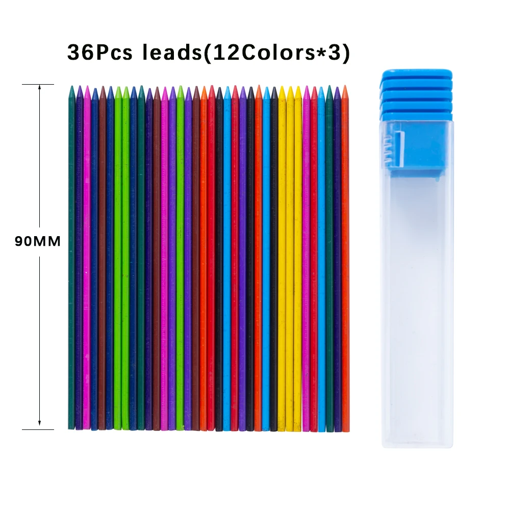 36Pcs/Box Mechanical Pencil 2.0 mm Black/Red/Colors Lead Refill For Writing Sketching Art Drawing Painting  Writing Stationery