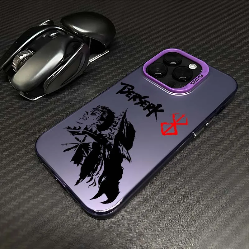 Berserk Catroon أنيمي لابل آيفون 16 15 14 13 12 11 XS X Pro Max Plus غطاء فضي ملون جراب هاتف