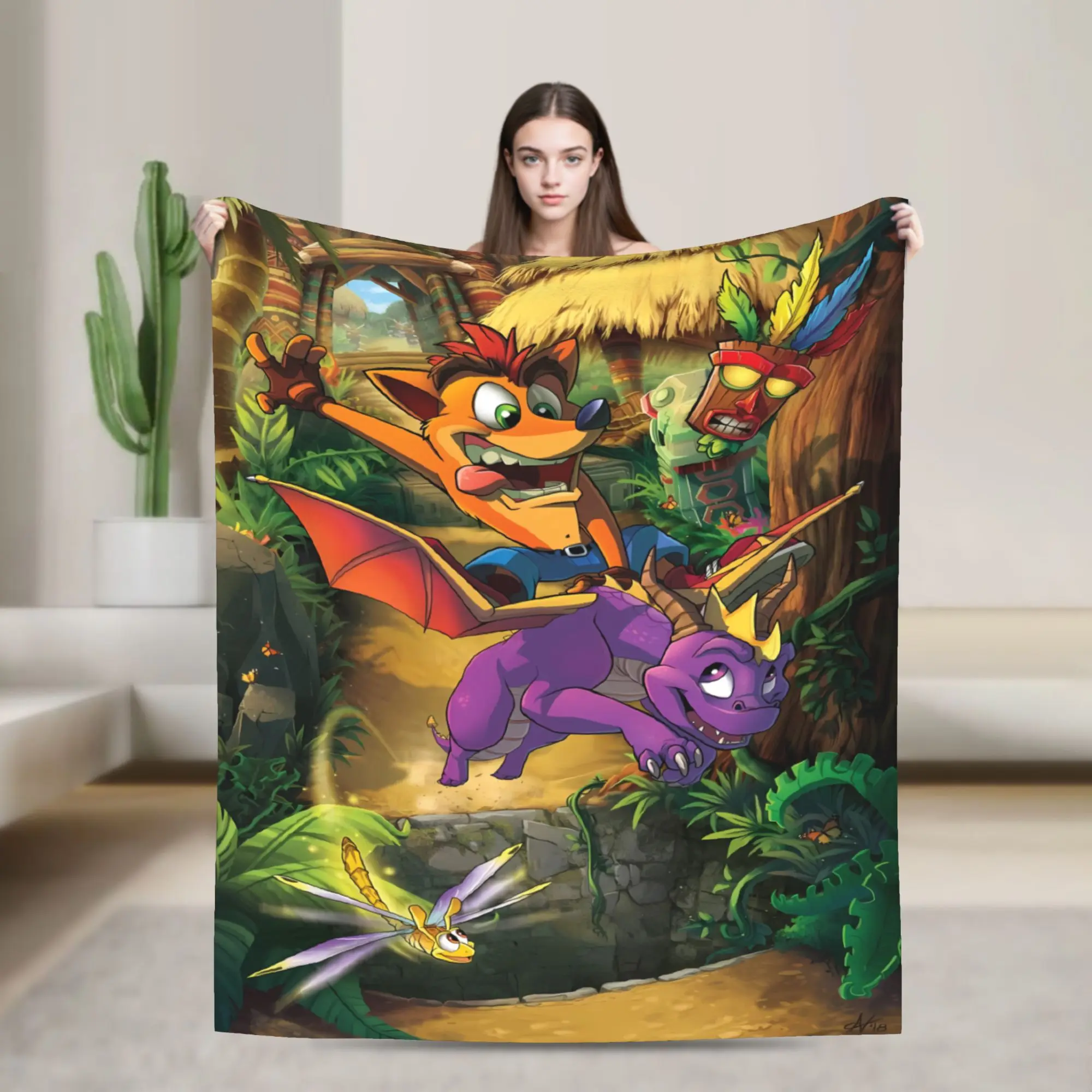 Crash Bandicoot Dragon Fly Flannel Blanket Winter  Soft Throw Blanket for Boy Girl Couch Chair Funny Bedspread Sofa Bed Cover