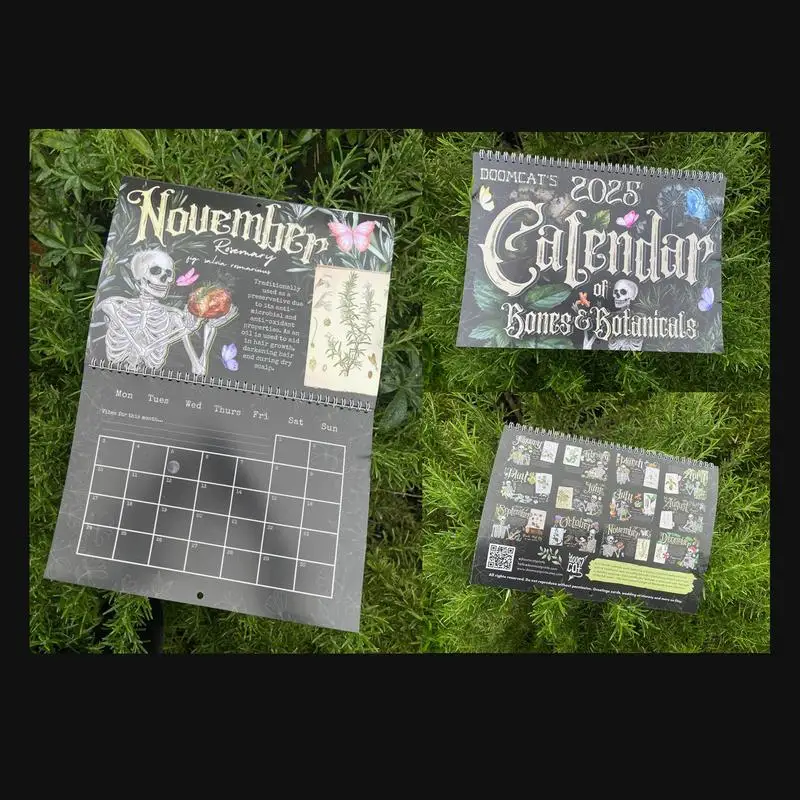 Gothic-Wandkalender, Knochen und Pflanzen, jährlicher Wandplaner, bunte 2025, Wandkalender mit 12 Illustrationen, Gothic-Kunst