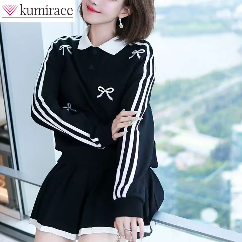 

Korean Women's Bow Polo Collar Color Blocked Long Sleeved+color Blocked Pleated Skirt Knitted Two-piece Set Skirt Sets