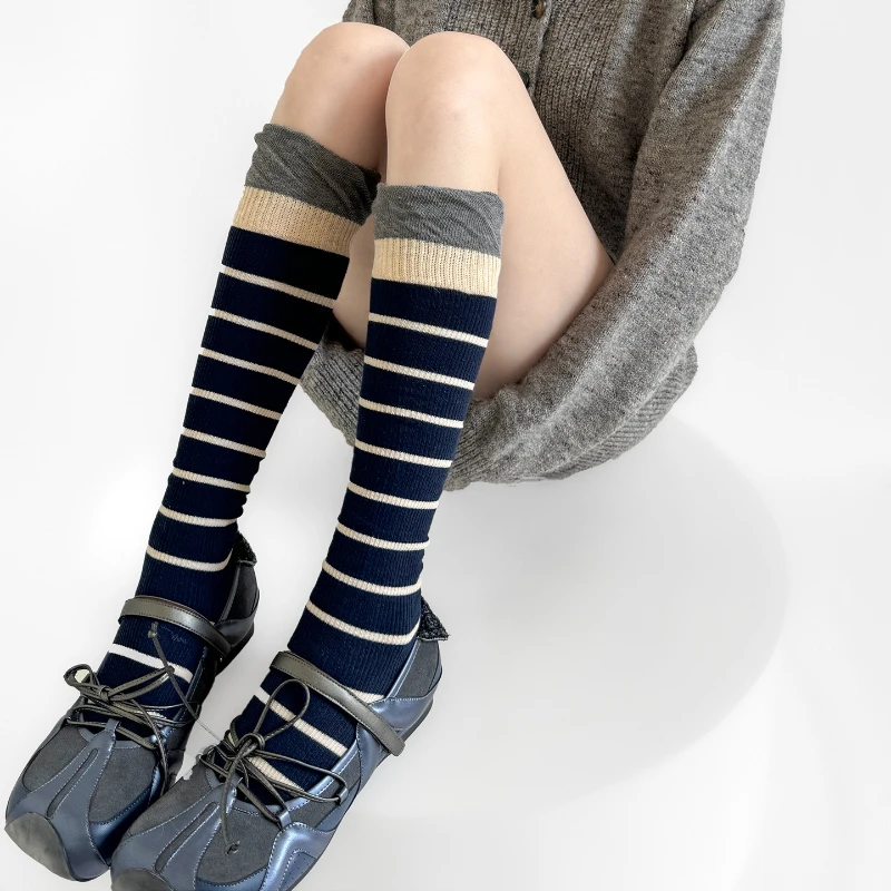 Autumn and Winter Women Stockings Japanese Striped Cotton Medium Tube Socks Retro Color Matching School Girl Knee Socks Stocking