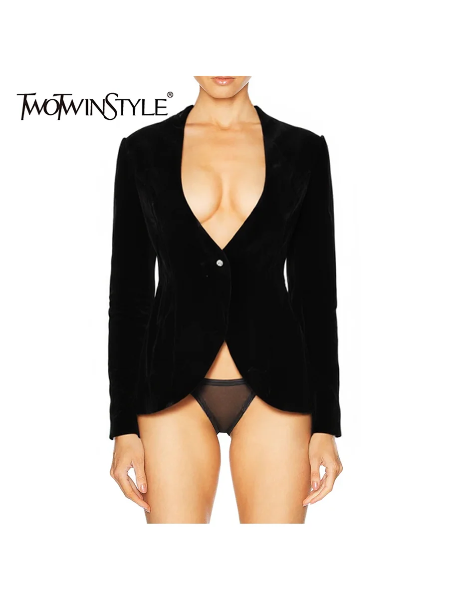 

TWOTWINSTYLE утягивающие минималистичные бархатные пальто для женщин с v-образным вырезом и длинными рукавами, элегантное пальто на пуговицах, женская модная одежда