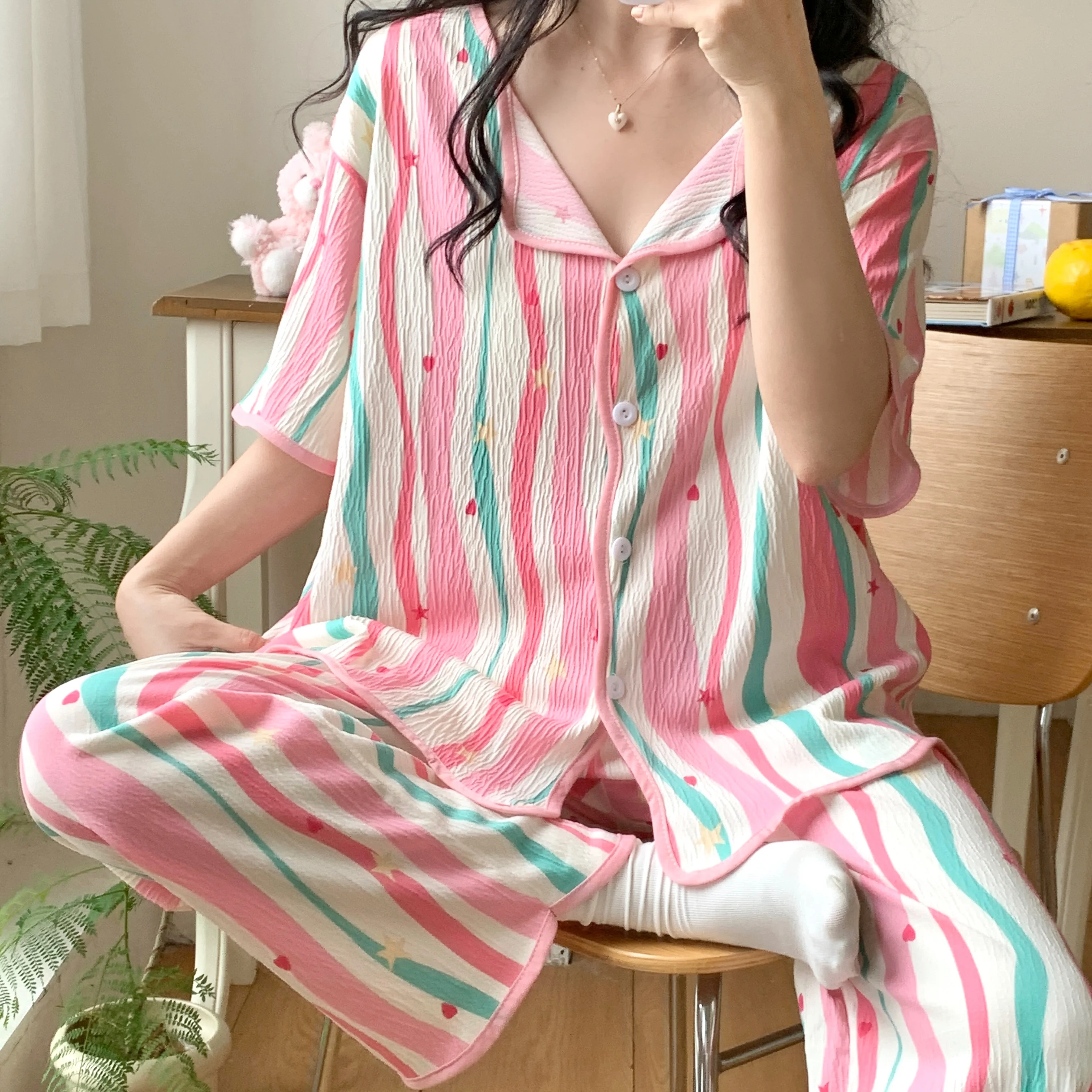 New Women\'s Pajamas Three Piece Ladies Sleepwear Set Stripe V Neck Design Elegant Loose Korea Version Pyjama Large Size Homewear