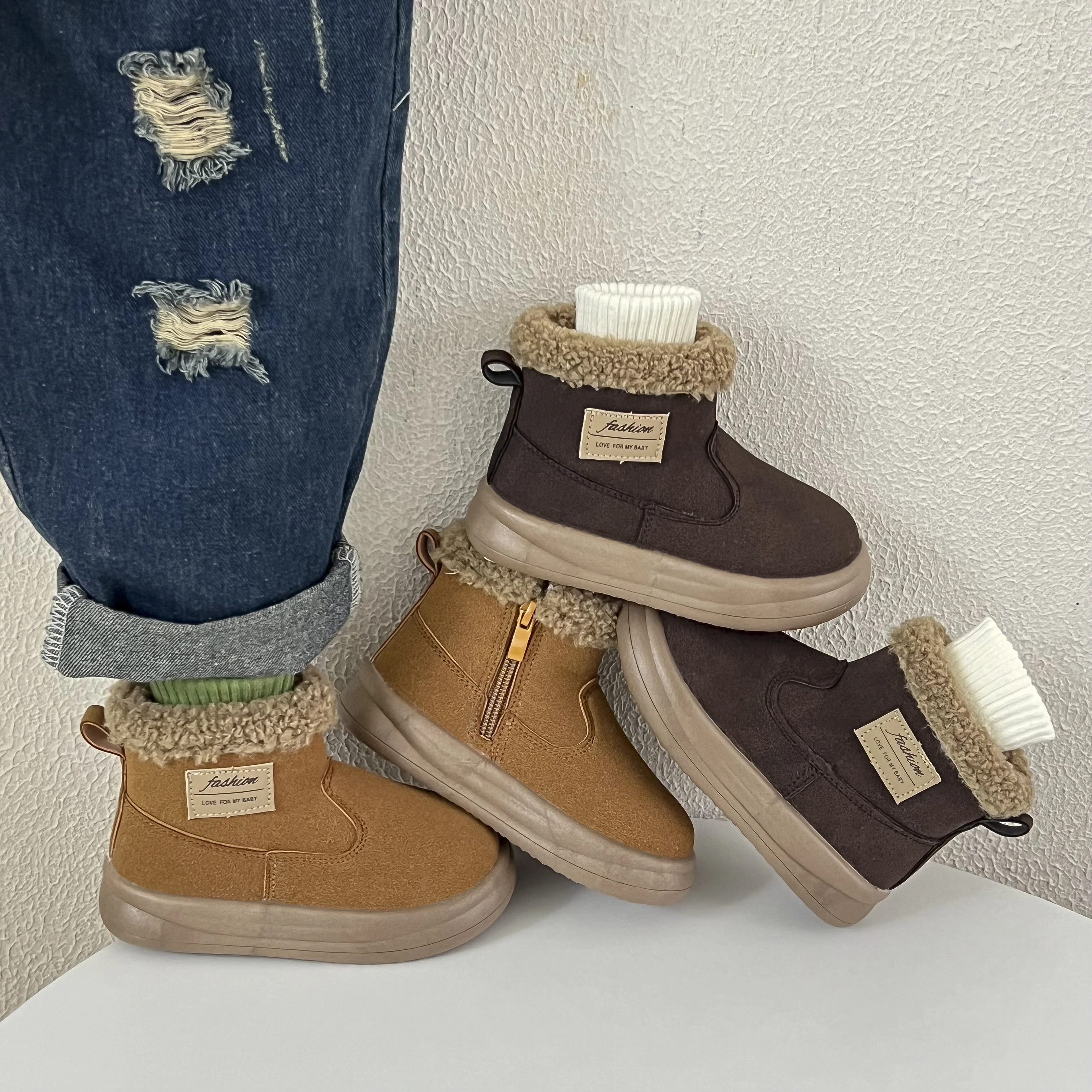 Warm-lined Boots for Boys Girls 2025 New Winter Toddler Plush Lining Leather Boots Non-slip Simple Retro Kids School Snow Boots