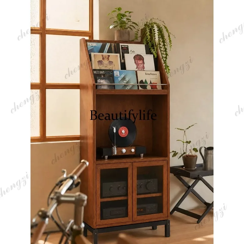 Medieval retro vinyl record storage cabinet, record player cabinet, power amplifier, stereo, storage rack