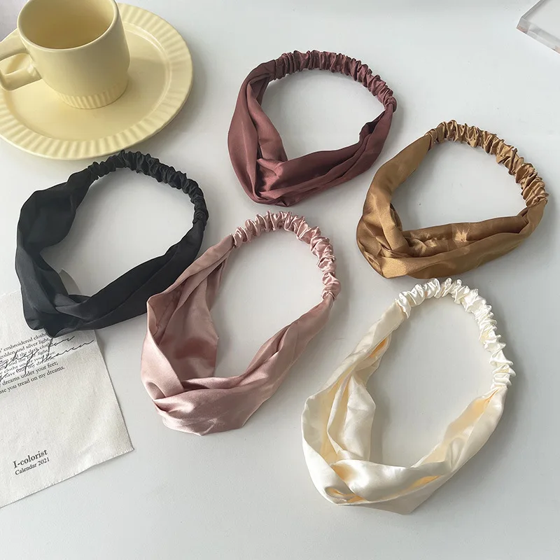 Bandanas Fashion Women Faux Silk Solid Hairband Satin Hair Rope Simple Elastic Hair Band Retro Cross Headbands Hair Accessories