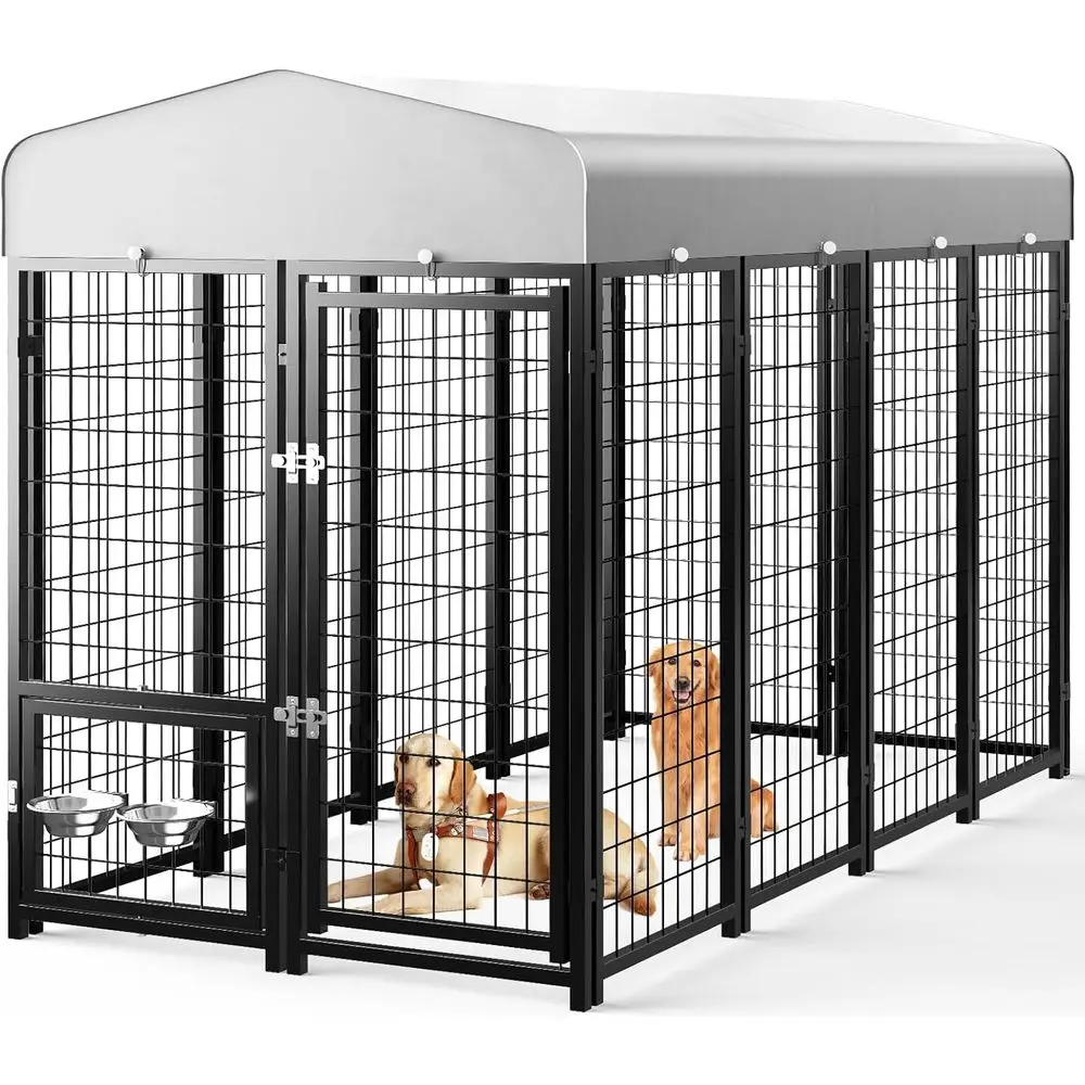 

Weatherproof Outdoor Dog Kennel with Roof, Swivel Feeders, Removable Door for Medium to Large Dogs (8ft x 4ft x 6ft)