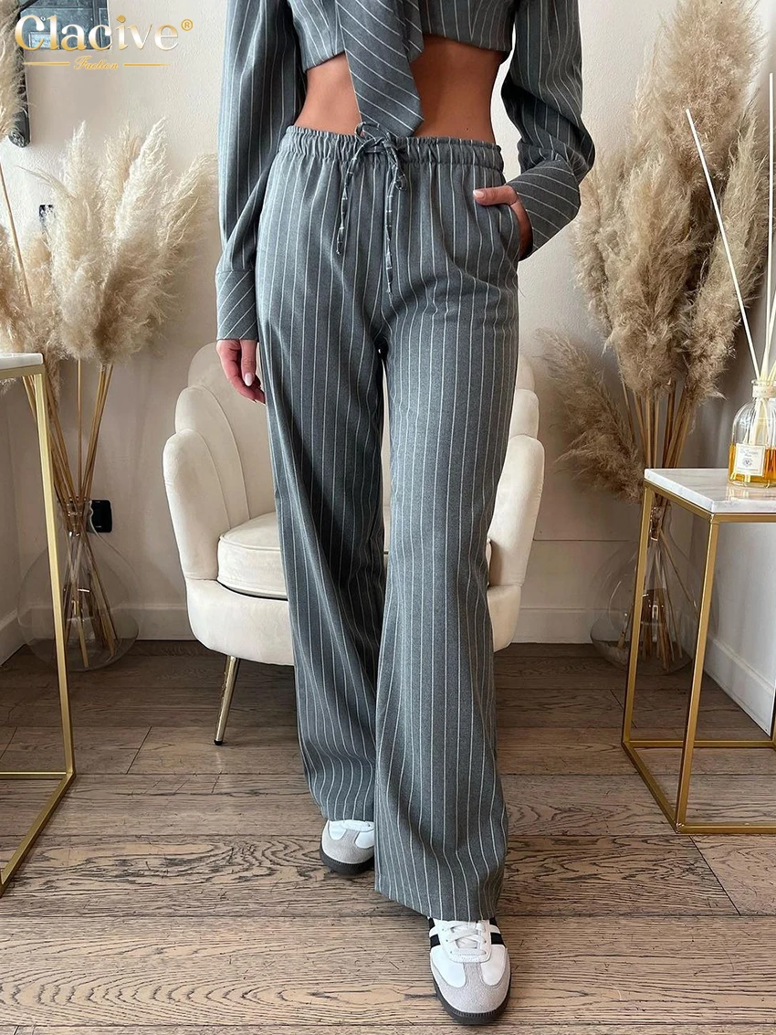 Clacive Fashion Slim Stripe Print 2 Piece Sets Women Outfit Bodycon Long Sleeve Crop Shirt With High Waist Wide Pants Set Female