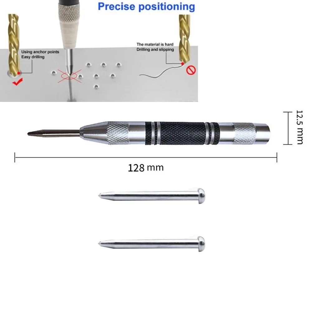 

Automatic Center Punch Black+silver Dot Punch Woodworking Adjustable Non Slip Grip Spring Loaded Tool Brand New