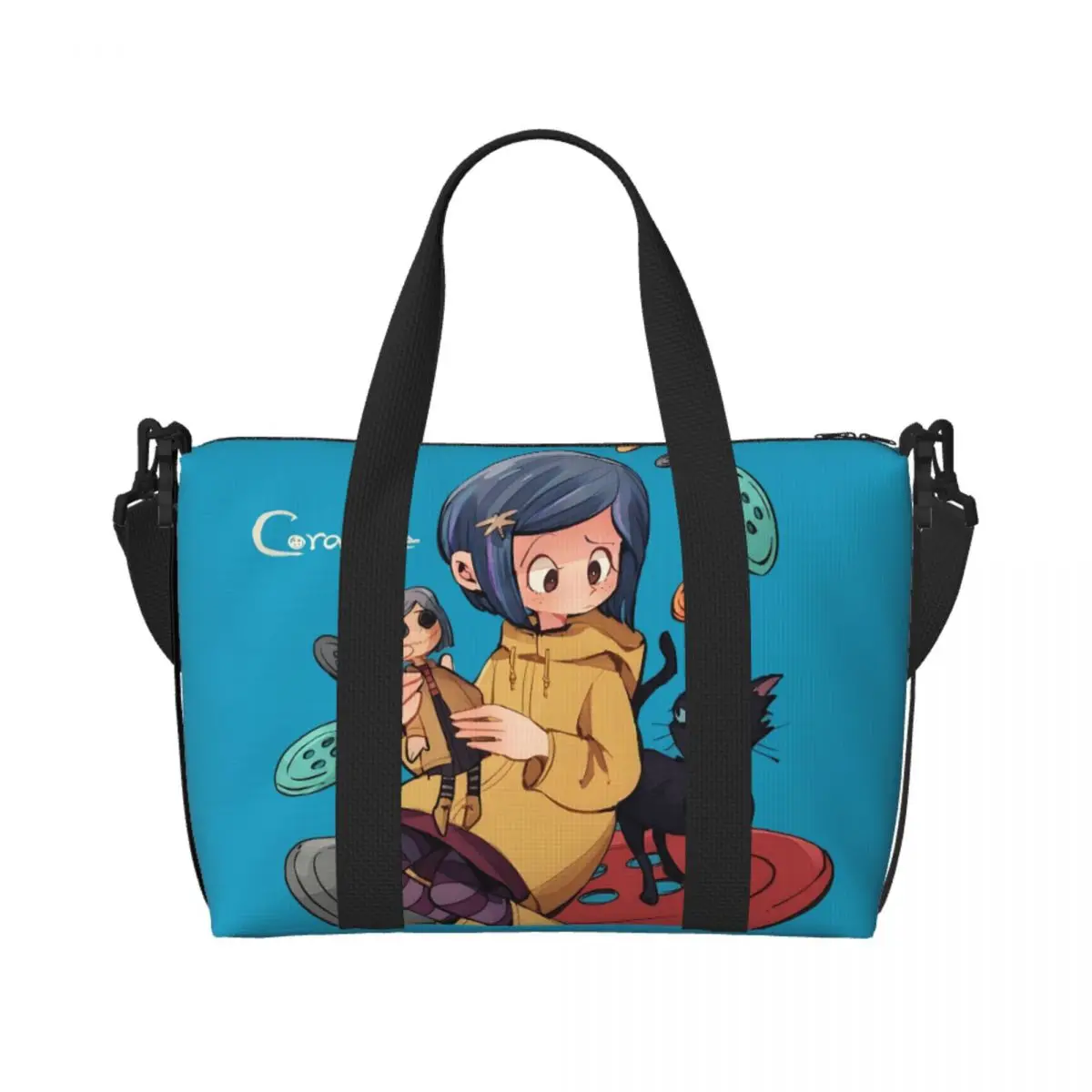 

Custom The Other Mother Coraline Tote Bag Women Large Capacity Horror Scary Movie Beach Gym Shoulder Travel Bag
