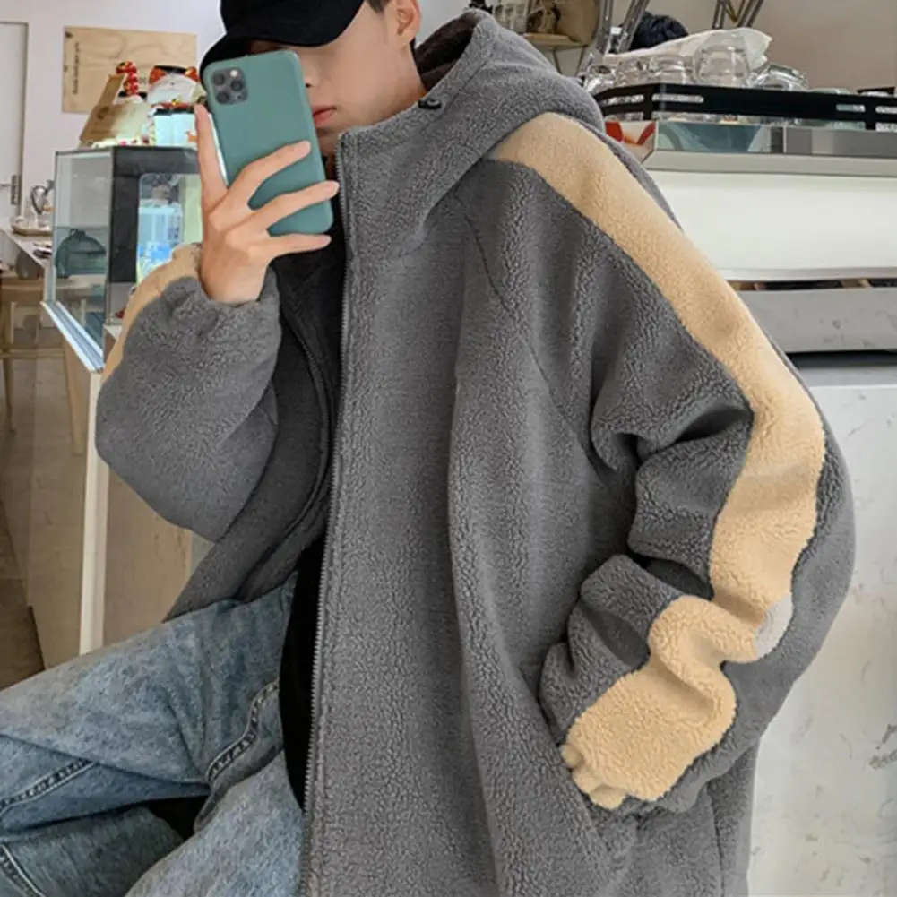 2023 Men Winter Sherpa Jacket Contrast Color Patchwork Fuzzy Coat Hooded Thick Warm Loose Fleece Streetwear Harajuku Parkas