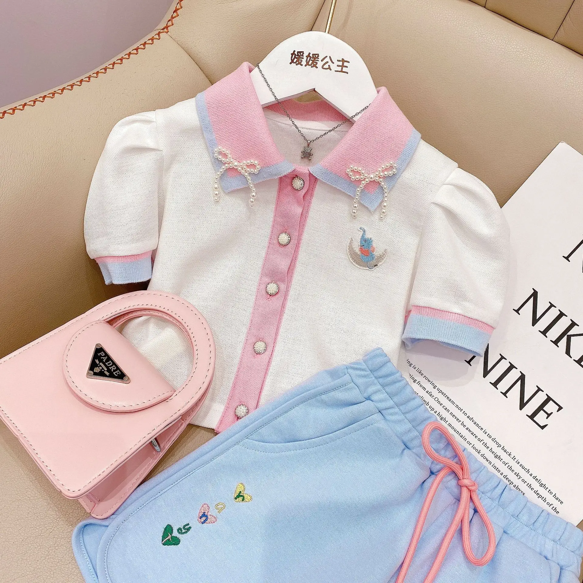 Retail New Baby Girls Korea Summer Sets, Polo T-shirt + Shorts. Fashion suits Girl 4-9 T