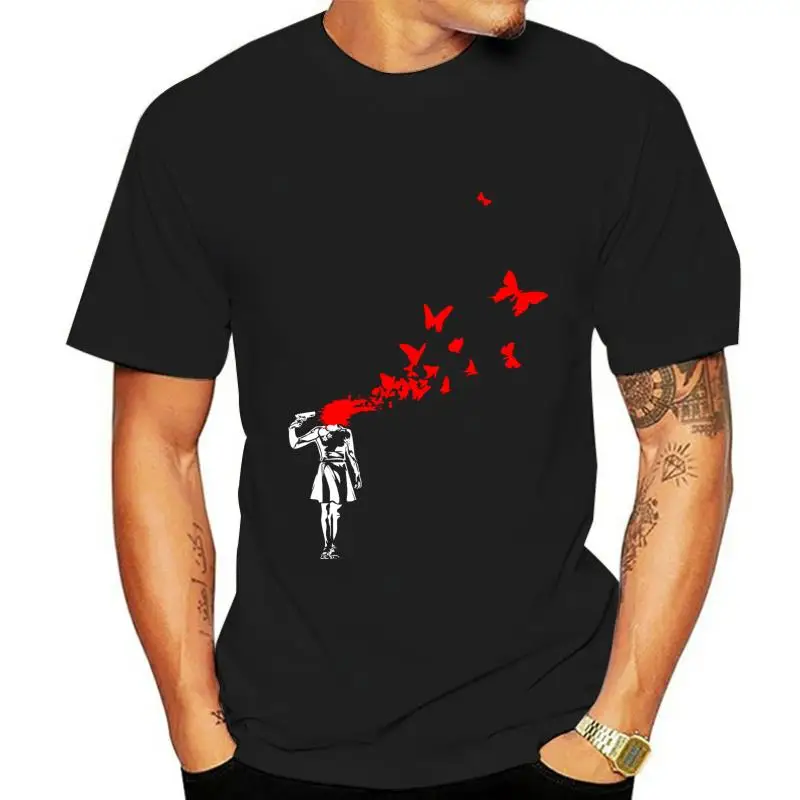 Banksy Girl Blowing Brains Out Red Butterflies Street Art Men Tshirt Top AL97  Cool Casual pride t shirt men Unisex New