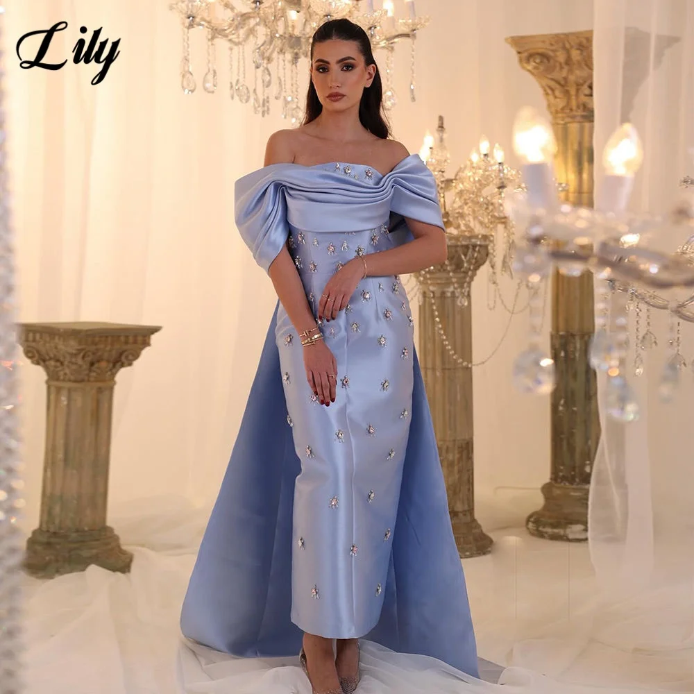 

Lily Sky Blue Elegant Prom Dress Off the Shoulder Prom Gown Shiny Crystals Satin Mermaid Evening Dresses robe de bal Customized