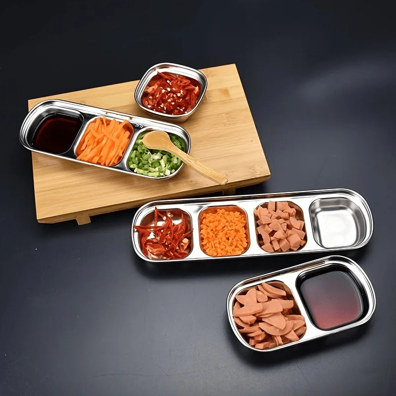 1PC 304 Stainless Steel Korean-Style Sauce Dish -1/ 2/3/4 Compartment Dipping Bowls