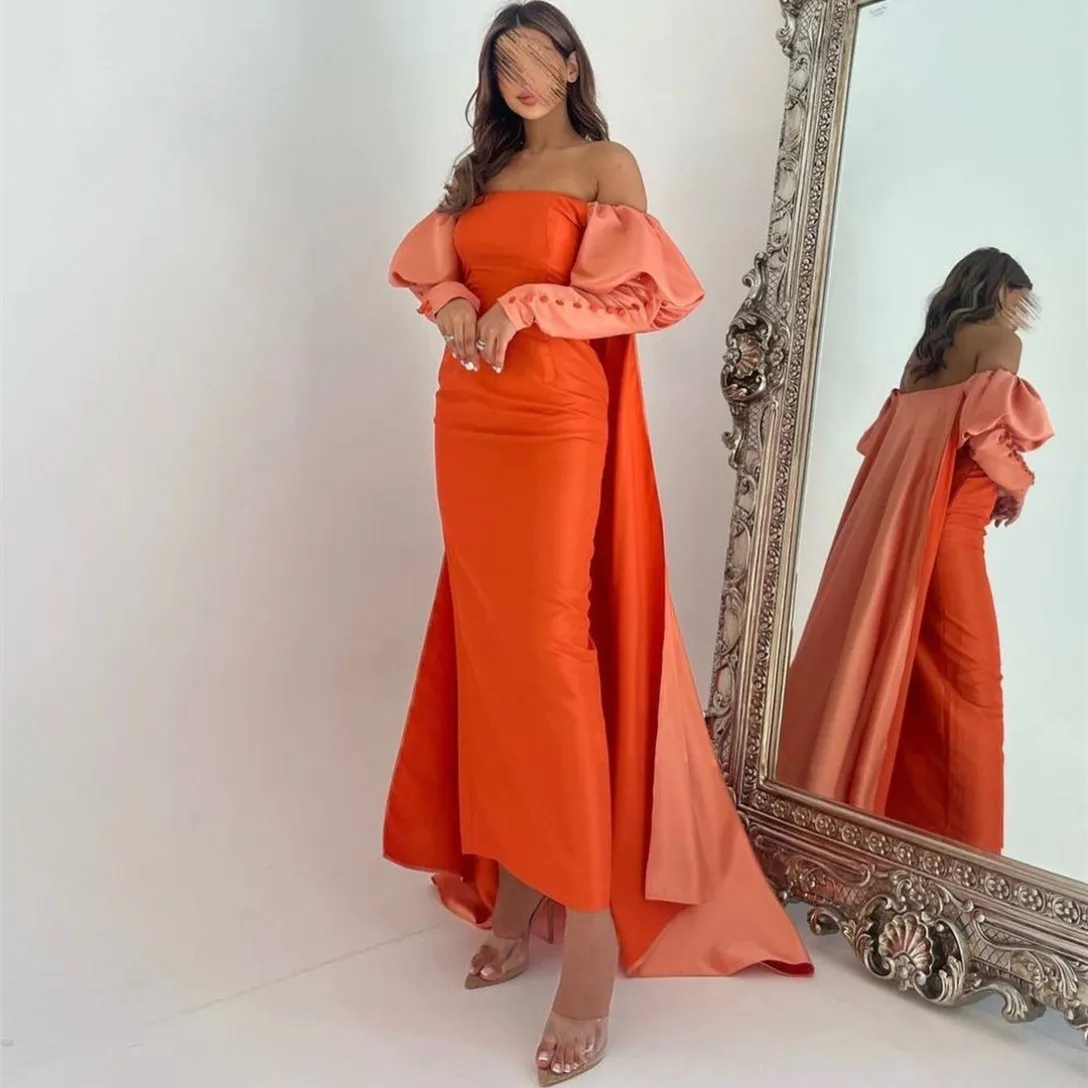 Elegant Long Sleeve Taffeta Evening Dresses With Buttons Sheath Orange Ankle Length Wedding Guest Dress Prom Dresses for Women