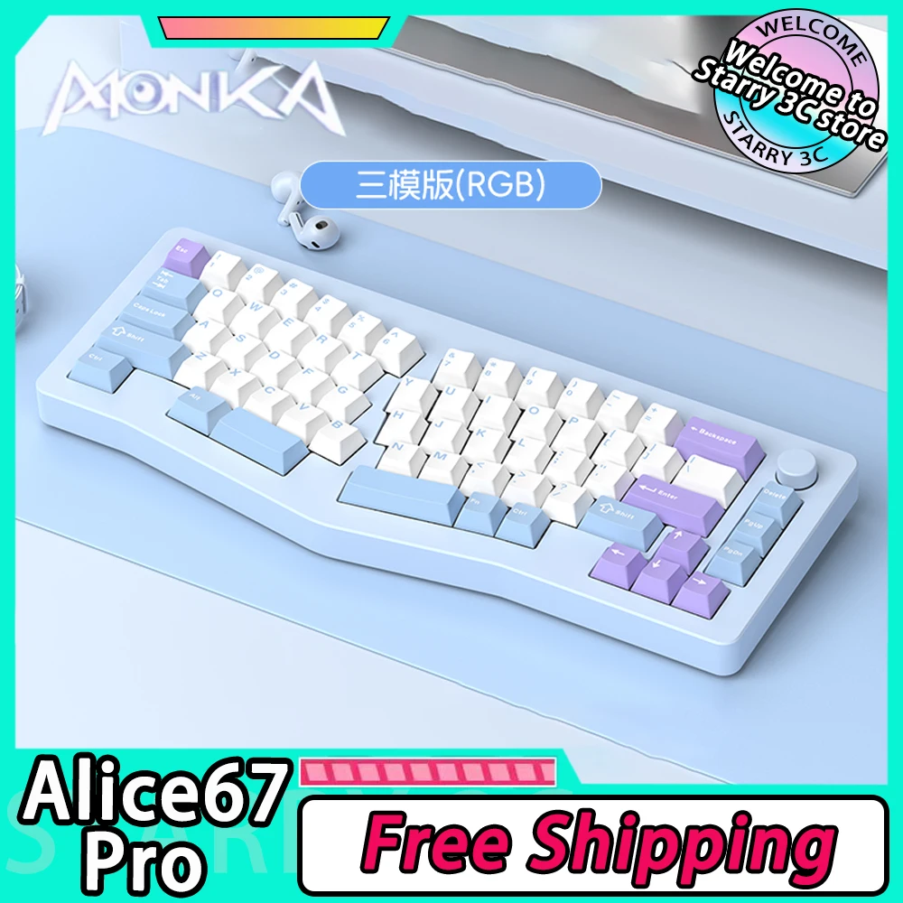 

Механическая клавиатура MONKA Alice67Pro, Беспроводная игровая клавиатура из алюминиевого сплава, трехрежимная, RGB, с возможностью замены клавиш в процессе работы, для ПК и Mac