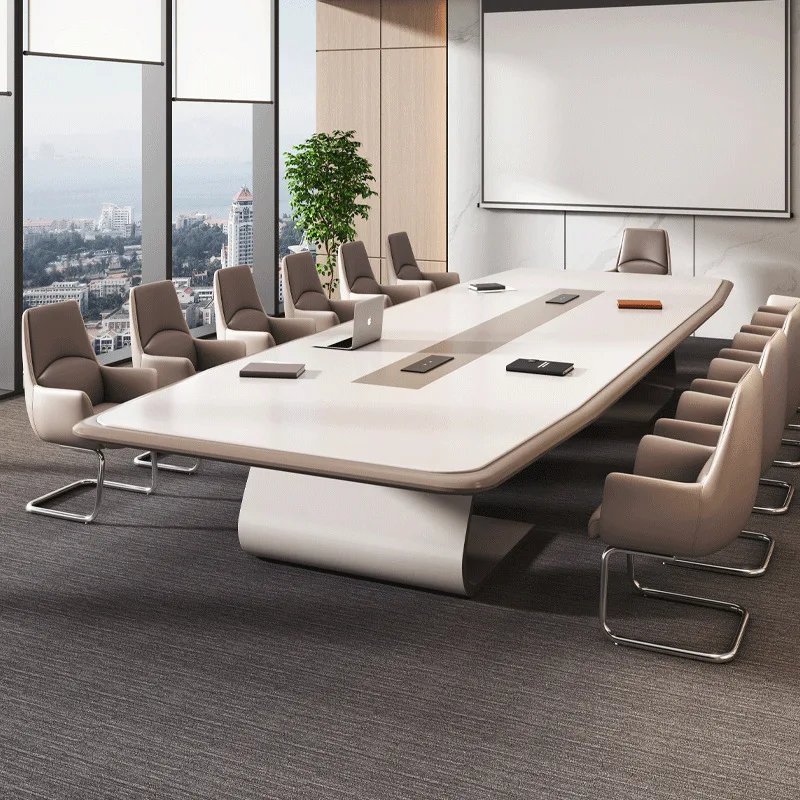 Modern Luxury Conference Table Large Boardroom Meeting Table With Curved Arc Base Cable Box For Office