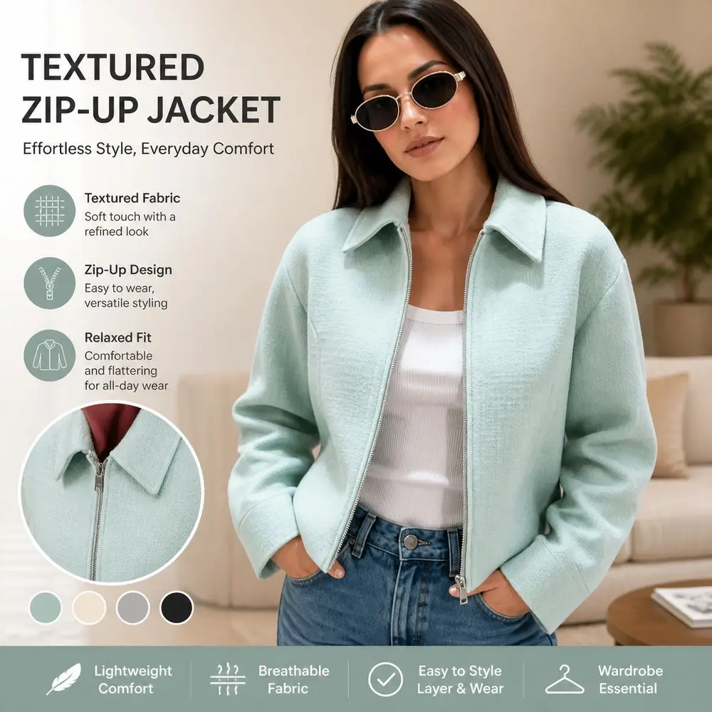 Textured Finish Cropped Jacket Turn-Down Collar Relaxed Fit Textured Jacket Cropped Silhouette Zip Front Zip Front Jacket
