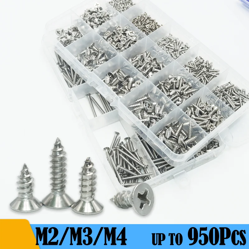 

​950x 304 Stainless Steel Countersunk Head Self Tapping Screws M2 M3 M4 Cross Recessed Phillips Flat Wood Thread Nail Screw